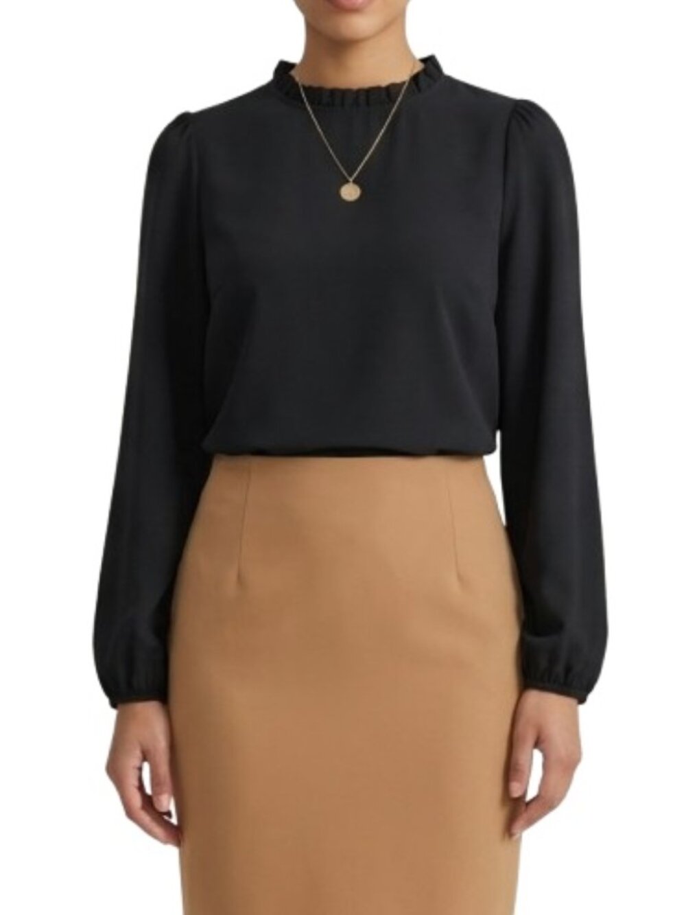 Worthington Black Blouse High Neck Ruffle Trim Workwear Classic